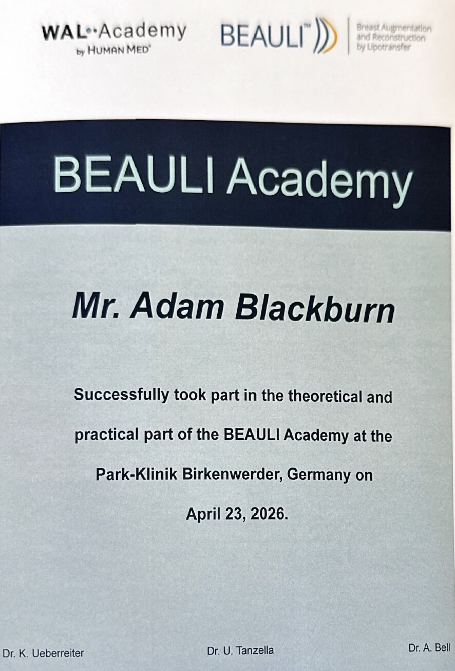 BEAULI Academy certificate awarded to Mr Adam Blackburn, Park-Klinik Birkenwerder, Germany, April 2026