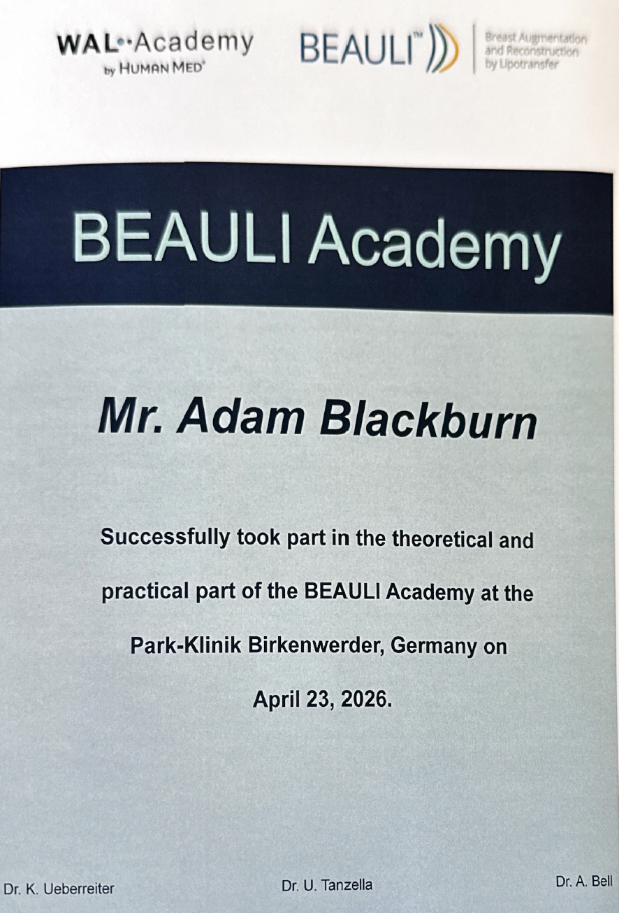 BEAULI Academy certificate awarded to Mr Adam Blackburn, Park-Klinik Birkenwerder, Germany, April 2026